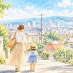 神戸の坂道を、母と幼い娘が手をつないで歩く後ろ姿の水彩イラスト