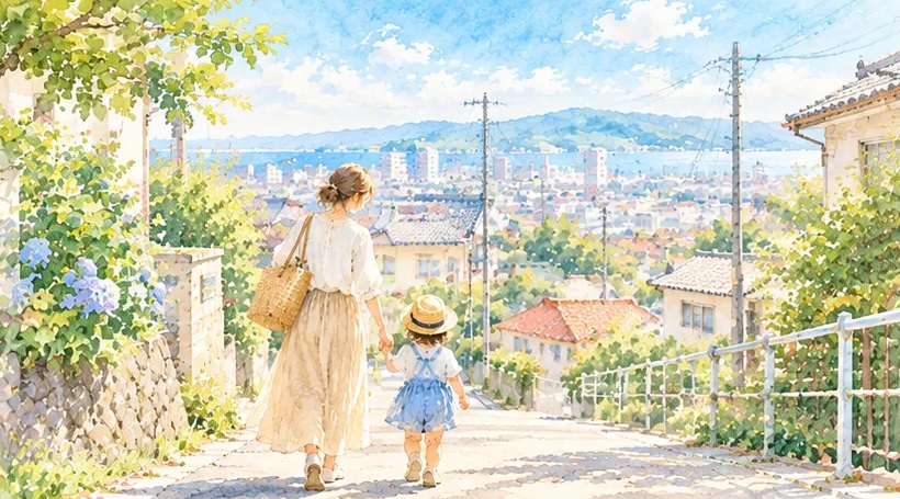 神戸の坂道を、母と幼い娘が手をつないで歩く後ろ姿の水彩イラスト