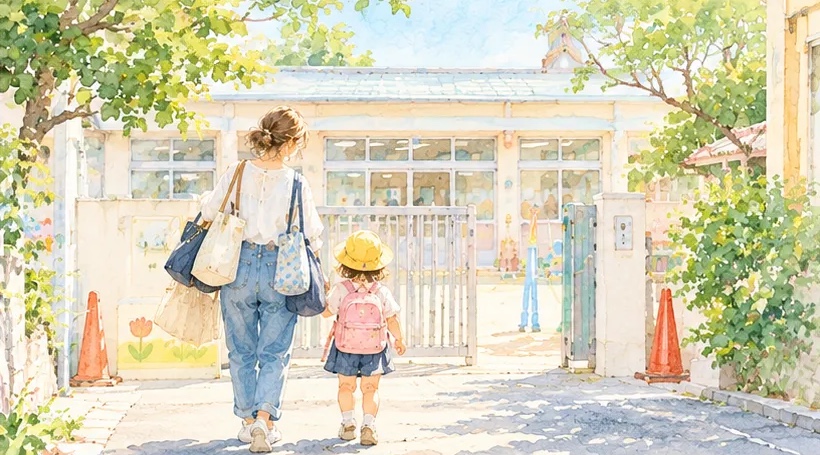 たくさんの荷物を抱えた母と、黄色い帽子の子どもが保育所の門へ向かう水彩イラスト
