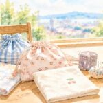手作りのコップ袋やランチマットとミシンが並ぶ机の水彩イラスト