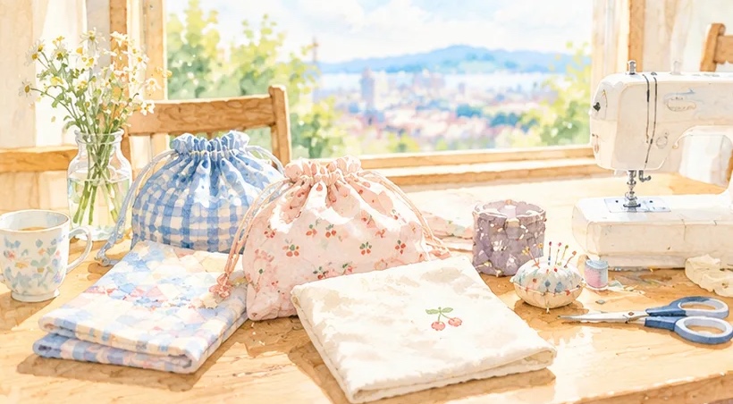 手作りのコップ袋やランチマットとミシンが並ぶ机の水彩イラスト